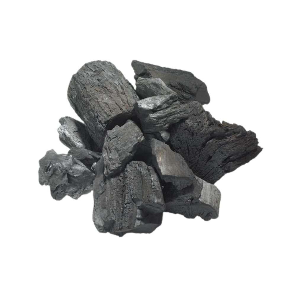 a pile of hardwood lump charcoal